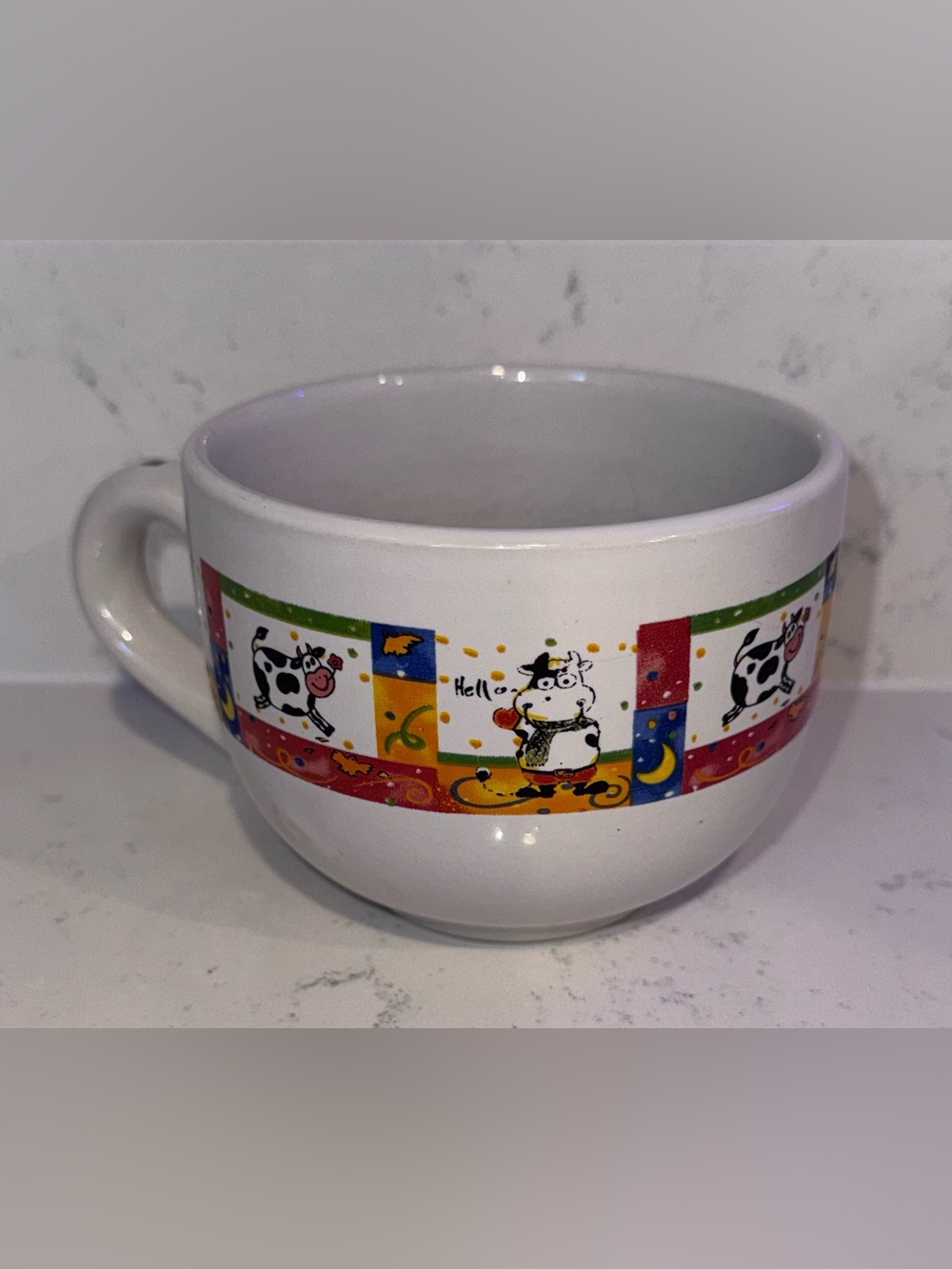 Royal Norfolk White Ceramic Cow Patterned Soup Mug with Multicolor Band